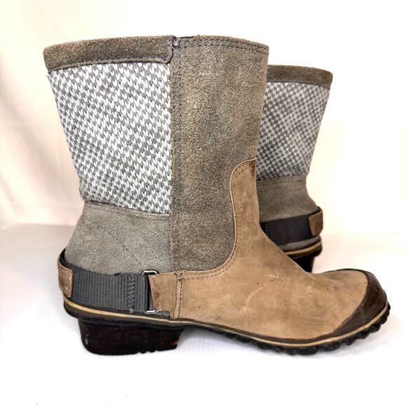 SOREL Boots Womens 7 Slimshortie Winter Waterproof Leather Felt Casual Tan Grey - Picture 8 of 15